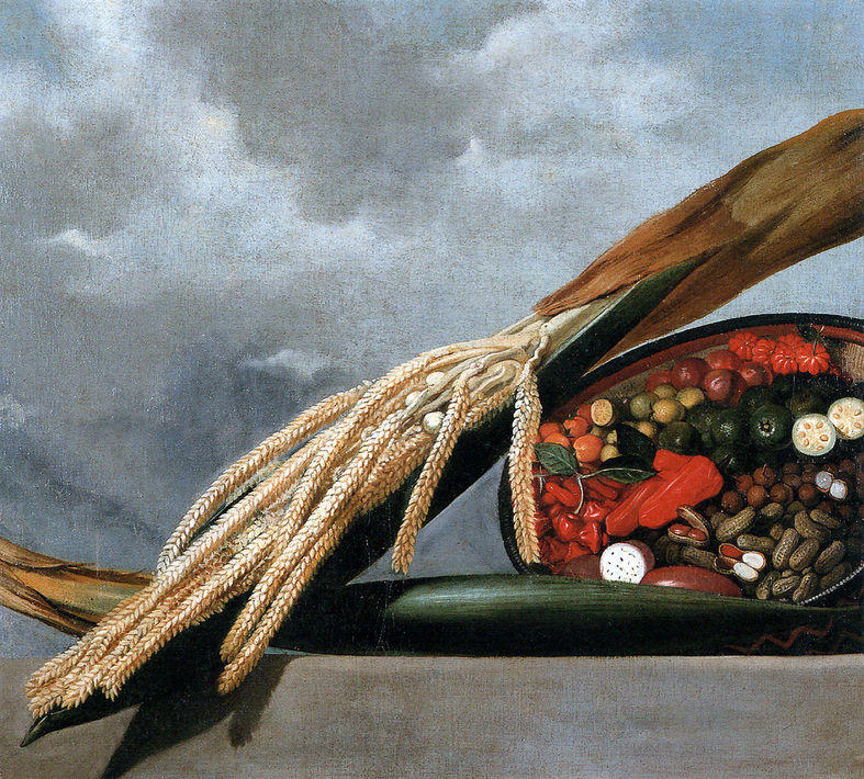 Blooming palm tree and basket with condiments