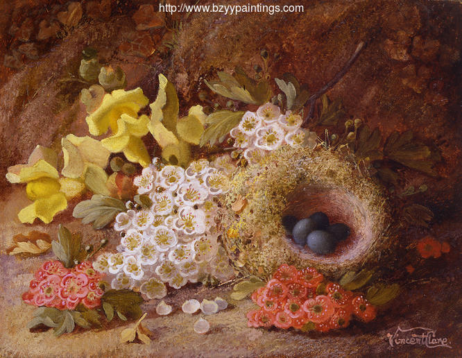 Flowes and Birds Nest on a Mossy Bank