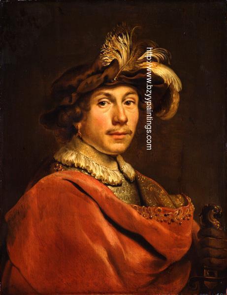 Young Man in a Red Coat and Dark Feathered Hat